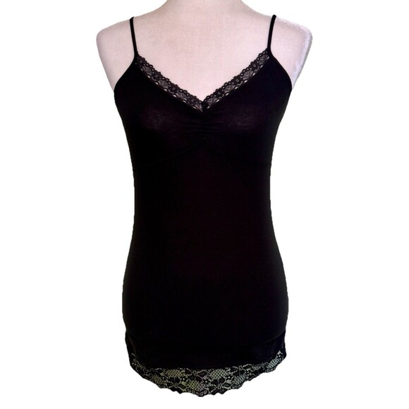 Women’s 90s Y2K Basic Sexy Black Lace Trim Cami Romantic Boudoir Layering Sz Med - Picture 1 of 7